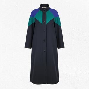 Vintage 80s Colorblock Wool Coat Blue Green Black Beau Brem Overcoat Size 16